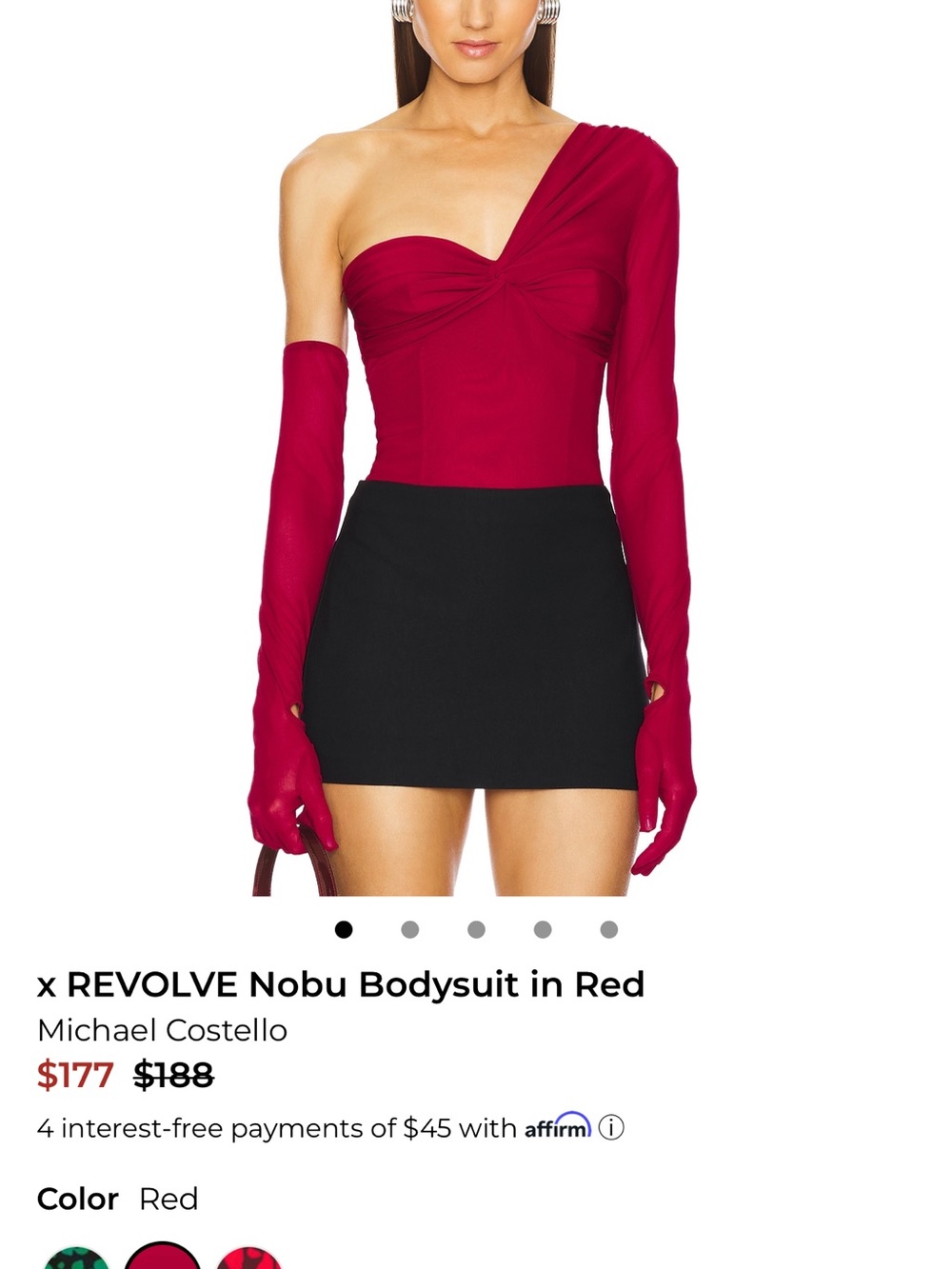 Michael Costello One-Shoulder Red Twist Bodysuit with Gloves